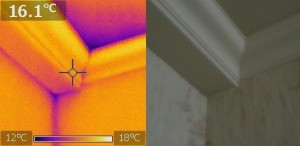 Thermographie infrarouge d'un pont thermique de liaison mur/plafond